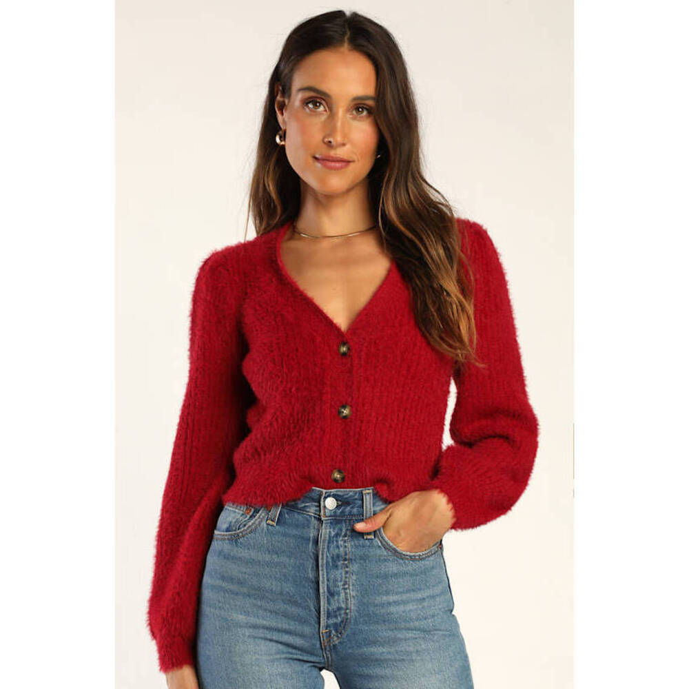 Lulus Cozy Touch Wine Red Eyelash Knit Button-up Cardigan Sweater - Size M